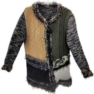 Vintage Homespun Patchwork Eclectic Knit 5 Button Mid Length‎ Cardigan Sweater